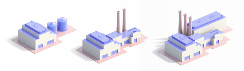 Isometric set Industrial Factory Building - 3d illustration on a transparent background