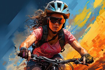 Piękna kobieta w kasku rowerowym pędząca na rowerze, przedstawiona na kolorowym obrazie. 