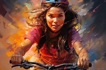 Piękna kobieta w kasku rowerowym pędząca na rowerze, przedstawiona na kolorowym obrazie.  - obrazy, fototapety, plakaty