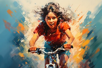 Piękna kobieta w kasku rowerowym pędząca na rowerze, przedstawiona na kolorowym obrazie.  - obrazy, fototapety, plakaty