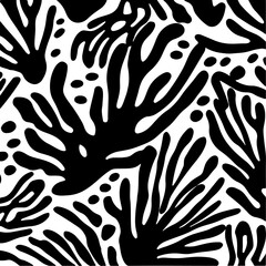 Abstract Modern Floral Vector Design: Contemporary Seamless Coral Pattern. Botanical Shapes Drawn with Brush. Ornamental Black Thick Organic Branches
