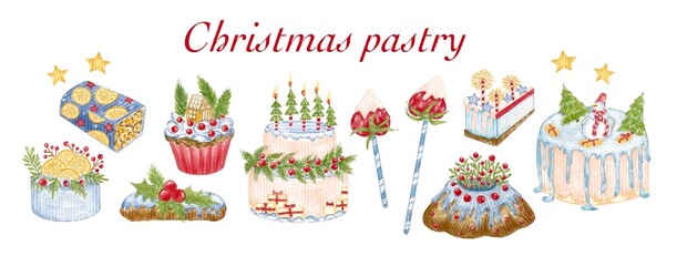 Set of Christmas pastry - cakes, cookies, muffins, eclairs, candies, cheesecake