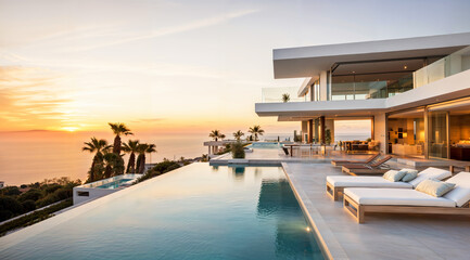 Luxury villa with a swimming pool, white modern house, beautiful sea view landscape, coast - obrazy, fototapety, plakaty