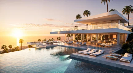 Fototapeten Luxury villa with a swimming pool, white modern house, beautiful sea view landscape, coast © OpticalDesign
