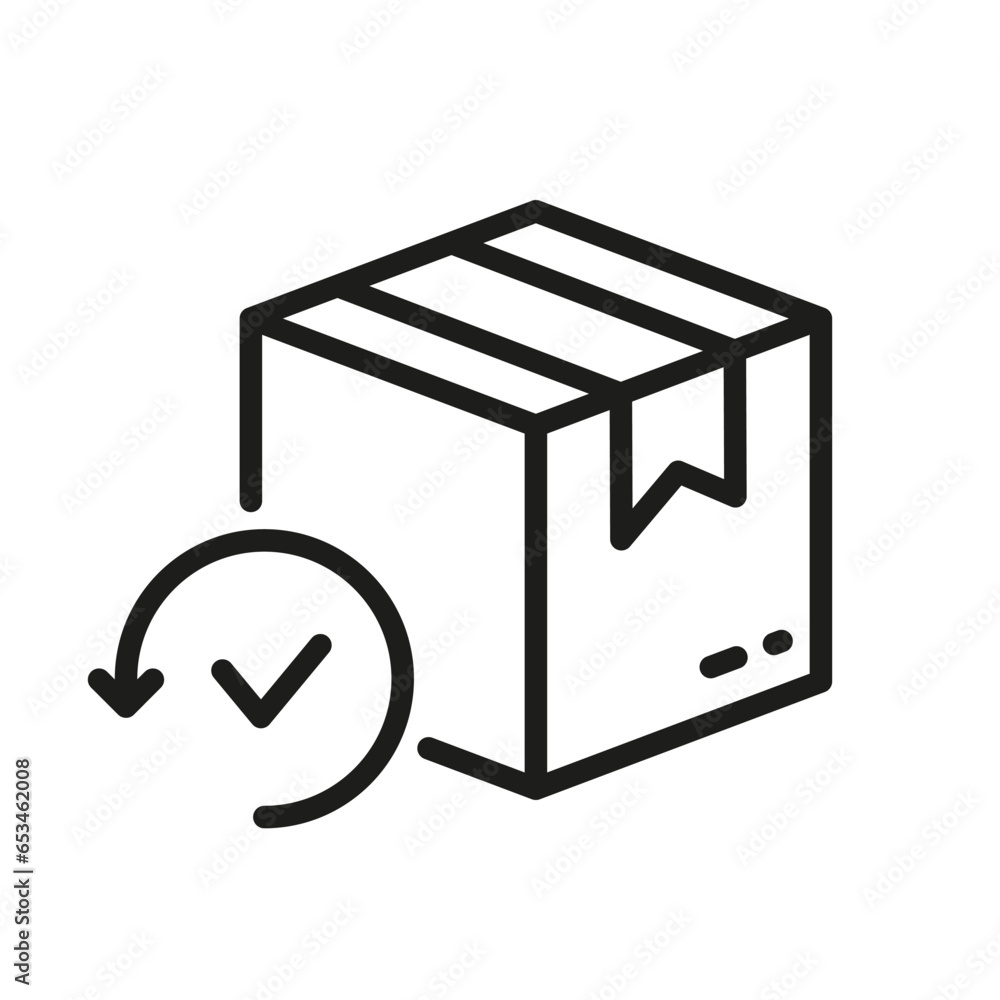 Poster check and return parcel linear pictogram. shipping order package outline symbol. delivery box with a