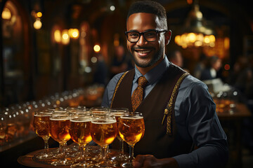 Portrait of young bearded male waiter with eyeglasses carrying a tray with glasses of beer in pub - obrazy, fototapety, plakaty