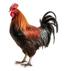 Lovely rooster cock is standing isolated on white background. Generative AI image illustration. Beautiful farm animals concept