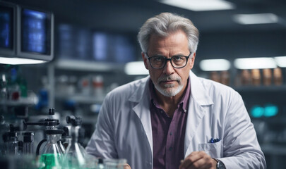 Caucasian male mad scientist portrait in the laboratory