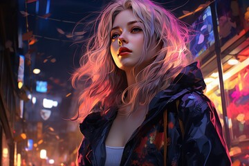 Piękna nowoczesna dziewczyna w futurystycznym mieście pełnym neonowych świateł nocą. 