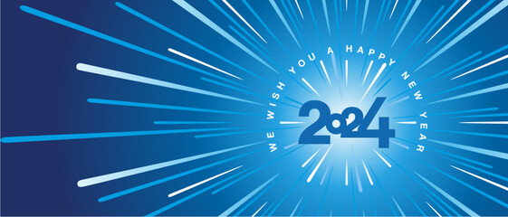 We wish you a Happy New Year 2024 high warp speed space blue type typography with abstract tunnel or speedometer shape on blue white background greeting card - obrazy, fototapety, plakaty