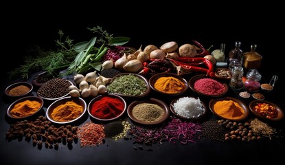 many different spices and herbs in bowls on a table	