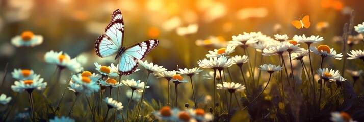 Motyle latające na łące pośród pięknych wiosennych kwiatów widok panoramiczny.  - obrazy, fototapety, plakaty