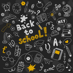 Back to school doodle illustration. Hand drawn background with school supplies and creative elements. Vector illustration