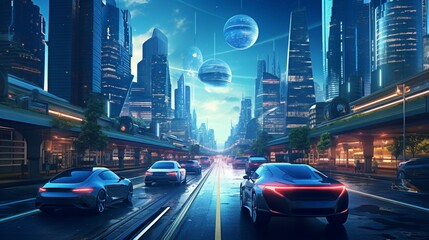 Fototapeta na wymiar an enticing image of AI-powered autonomous vehicles navigating a futuristic cityscape, exemplifying the sophistication of Artificial Intelligence