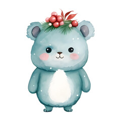 Watercolor Christmas cute pastel blue bear in red holly isolated on white background, cute character, winter season, holiday