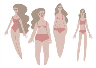 Four northern women in swimsuits. Different body sizes and shapes. Diversity. Pale skin tone and blonde hair. Vector illustration in flat style © jennyfish