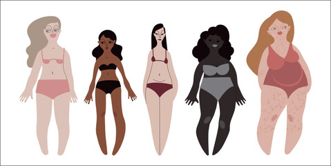Five diverse women in swimsuits. Various body sizes and shapes. Diversity. Pale, tanned, dark and black skin tone and black, red, and blond hair. Vector illustration in flat style