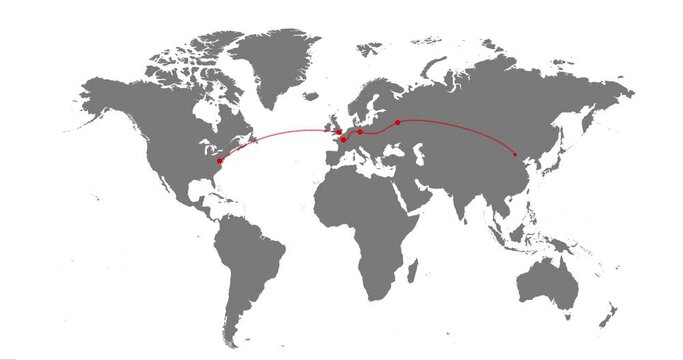 World Map Animation in 4K Video. Moving Path from Washington DC to London, Paris, Berlin, Moscow and Beijing