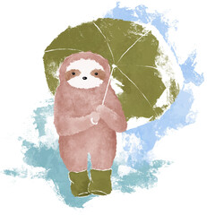 Cute baby sloth with green umbrella hand drawn illustration. Fall season art. Rainy days watercolor drawing - 653465098