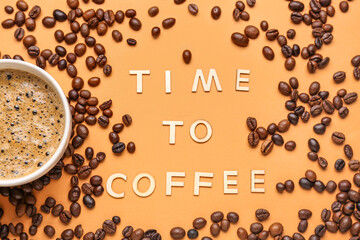 Text TIME TO COFFEE and cup of hot espresso with beans on orange background