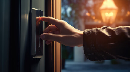 A hand presses the doorbell. Creative concept of express delivery to the door, courier service. 