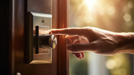Naklejka premium A hand presses the doorbell. Creative concept of express delivery to the door, courier service. 