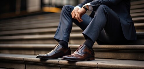 Biznesmen w drogim garniturze rozmyśla siedząc na schodach przed firmą 
