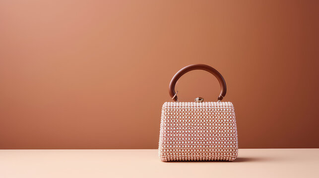 Trendy beaded handbag on flat color background with copy space. Female designer handmade beaded bag. 