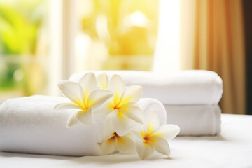 Obraz na płótnie Canvas White Towels and Flowers, Blurred Background