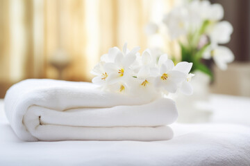 Fototapeta na wymiar White Fresh Towels and Flowers, Blurred Background