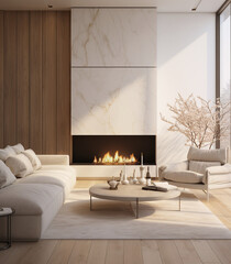 minimalist living room with fireplace and marble tile