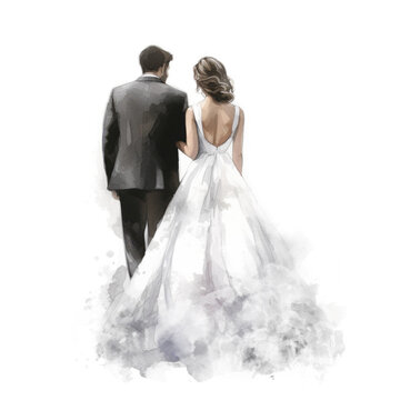 Watercolor Groom and Bride Backwards Isolated on White, wedding background in Black and White