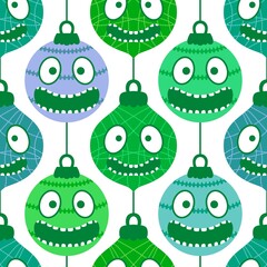 Christmas tree balls seamless cartoon monsters with face pattern for fabrics and wrapping paper and kids print