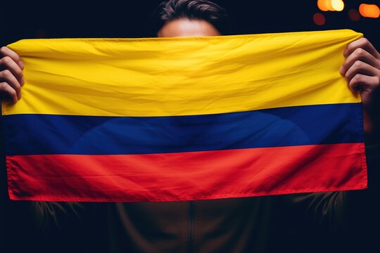 A person with a Colombian flag. Patriotism, national sentiment, culture authenticity, flag colors, people ethnic. Colombia