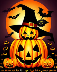 halloween background theme with pumpkin and bats, dark hat, evil wizard, scary face, pumpkin witch, dark sunset
