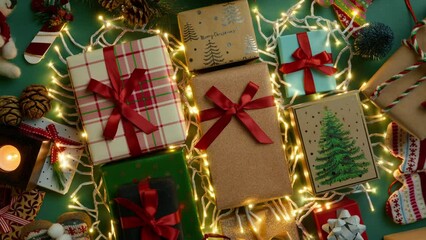 Many beautiful gift boxes and Christmas decorations under Xmas tree, shiny garland lights glowing with sparkles in dark on green rotating background. Perfect Christmas background for copy sale offer - Powered by Adobe