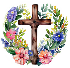 Krzyż ozdobiony kwiatami ilustracja - obrazy, fototapety, plakaty