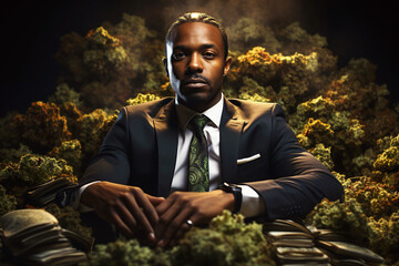 black businessman is sitting in pile of marijuana cannabis crop and dollar money