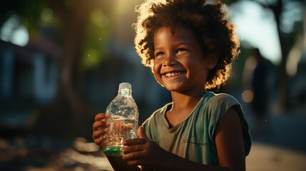 Happy African child holds a bottle of clean water. The problem of shortage of clean water crisis in Africa