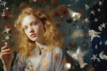 a young white woman/fairy/witch surrounded by magical glowing fairy light fantasy setting witchy spell halloween ethereal book cover/editorial advertisement magazine style film photography look