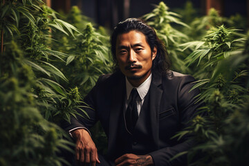 Asian man on plantation field with a crop of marijuana cannabis bushes - obrazy, fototapety, plakaty