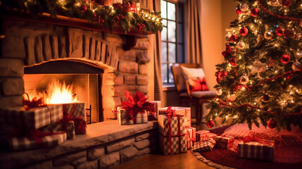 Décoration de Noël avec la cheminée, le sapin, les boules de Noël et les guirlandes