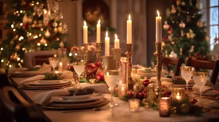 Foto op Plexiglas Table à manger pour Noël, décoration de table, bougie, assiette pour un repas de famille © MATTHIEU
