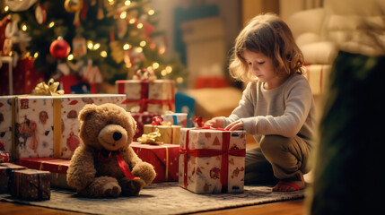 Enfant à Noël reçoit ses cadeaux devant le sapin, boule de neige, guirlande et déco - obrazy, fototapety, plakaty