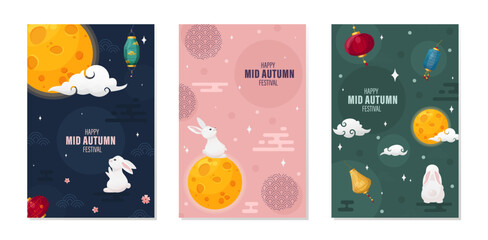 Fototapeta na wymiar Set of 3 Mid Autumn festival poster with elements of Chinese culture with text Happy Mid-Autumn Festival. Vector greeting card or illustration for social media in cartoon style