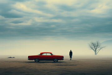 Illustration of loneliness. A car and a silhouette of a man stand on an open field
