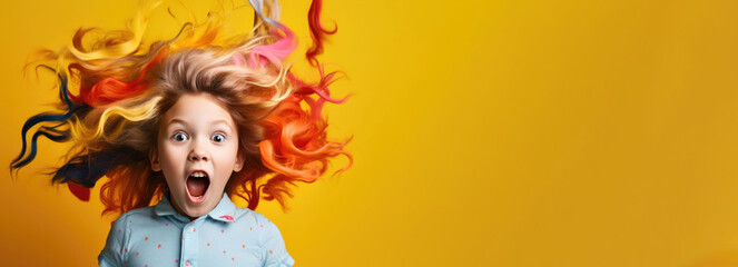 Joyful emotional child with multi-colored hair on a yellow background. Banner, place for text. New Year's promotions, Christmas discounts