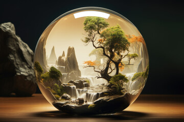 Nature conservation concept, green world. A glass ball inside of which there are mountains with a river and a green tree