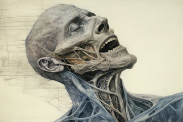 Illustration of a biological skull covered with muscles on a gray background