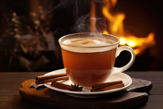 A steaming mug of hot buttered rum garnished with a cinnamon stick, showcasing the warm and comforting beverage on a cozy winter evening